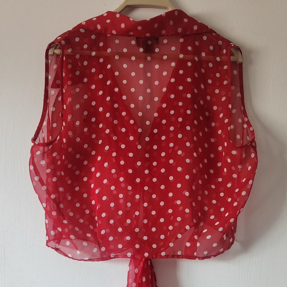 Red Chiffon Sleeveless Blouse with White Polka Dots - Size Med. Tie in the Front - Picture 6 of 13